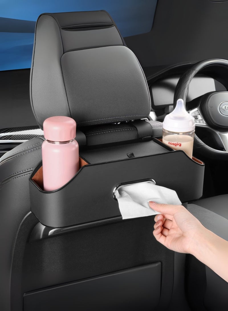 وولار منظم ظهر مقعد السيارة من WOLLAR مع علبة مناديل، وحاملي أكواب مزدوجين وخطافات - صندوق تخزين منظم متعدد الاستخدامات للسيارة - ملحقات سيارات وأدوات للعائلات والأطفال أثناء السفر (أسود) - Image 1