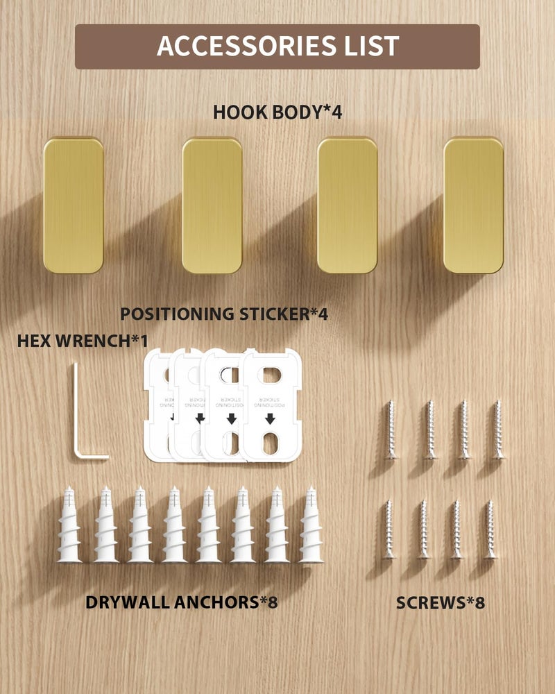 RIVAMBER 4-Pack Brushed Gold Towel Hook for Bathroom, Robe Coat Hook, Heavy Duty Wall Hooks for Hanging Bag Hat Mudroom Bedroom Shower Closet, Drill in Hanger Mount with Screw, Holder Back of Door Outdoor - Image 4