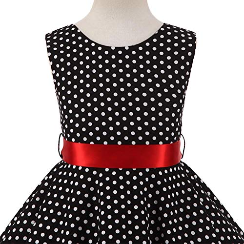 IWEMEK Kid Girls Vintage Polka Dot 50's Swing Dress 1950s Retro Rockablilly Audrey Hepburn Sleeveless Summer Tea Party Dress Bow Tie Casual Flare A-line Dress Wedding Formal Prom Dance Gown Black 5-6 Years - Image 4