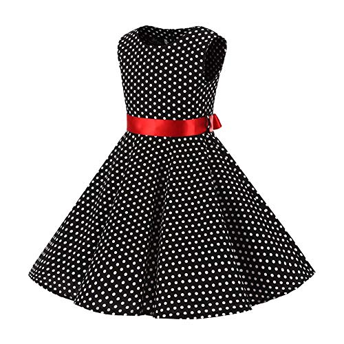 IWEMEK Kid Girls Vintage Polka Dot 50's Swing Dress 1950s Retro Rockablilly Audrey Hepburn Sleeveless Summer Tea Party Dress Bow Tie Casual Flare A-line Dress Wedding Formal Prom Dance Gown Black 5-6 Years - Image 2