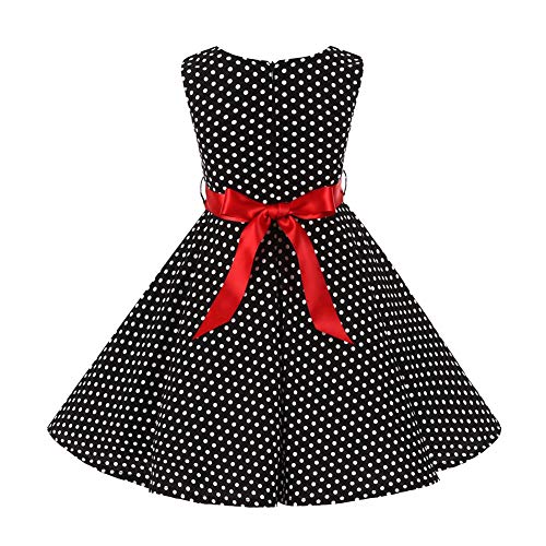 IWEMEK Kid Girls Vintage Polka Dot 50's Swing Dress 1950s Retro Rockablilly Audrey Hepburn Sleeveless Summer Tea Party Dress Bow Tie Casual Flare A-line Dress Wedding Formal Prom Dance Gown Black 5-6 Years - Image 3