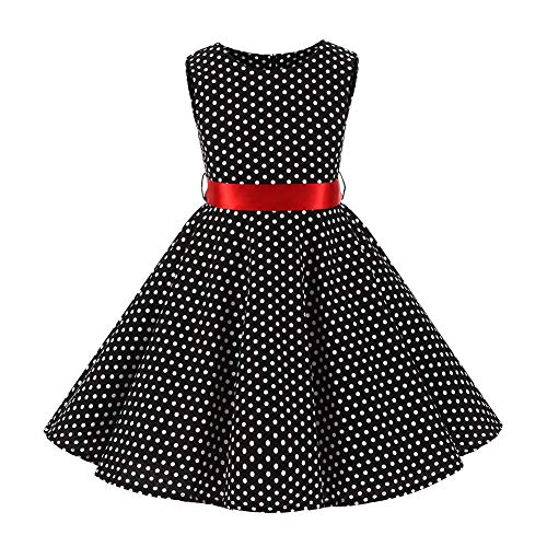 IWEMEK Kid Girls Vintage Polka Dot 50's Swing Dress 1950s Retro Rockablilly Audrey Hepburn Sleeveless Summer Tea Party Dress Bow Tie Casual Flare A-line Dress Wedding Formal Prom Dance Gown Black 5-6 Years - Image 1