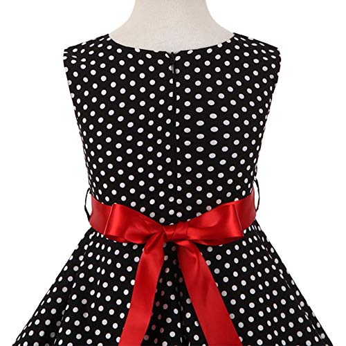 IWEMEK Kid Girls Vintage Polka Dot 50's Swing Dress 1950s Retro Rockablilly Audrey Hepburn Sleeveless Summer Tea Party Dress Bow Tie Casual Flare A-line Dress Wedding Formal Prom Dance Gown Black 5-6 Years - Image 5