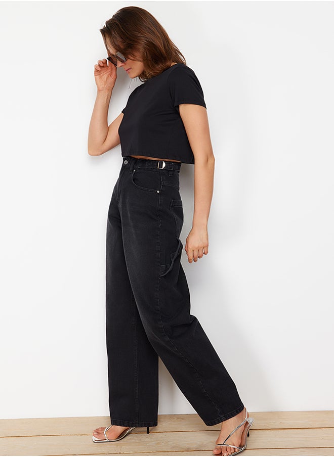 trendyol - Black Loose Fit High Waist Carpenter Skater Jeans TWOAW24JE00308 - Image 1