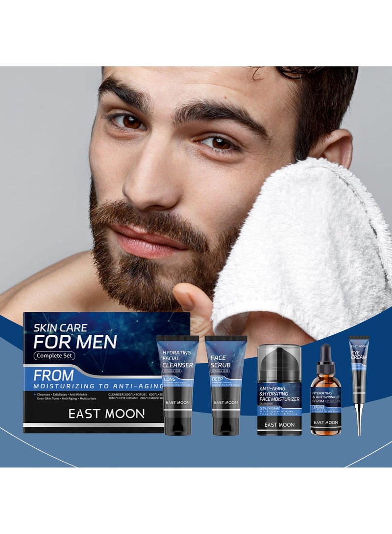 East Moon Men's Essential Skincare Gift Set - Gentle Cleansing, Deep Moisturizing, & Nourishing, Comprehensive Set with Facial Cleanser, Scrub, Serum, Eye Cream, & Moisturizer for Firmer, Brighter, Smooth Skin - Image 1