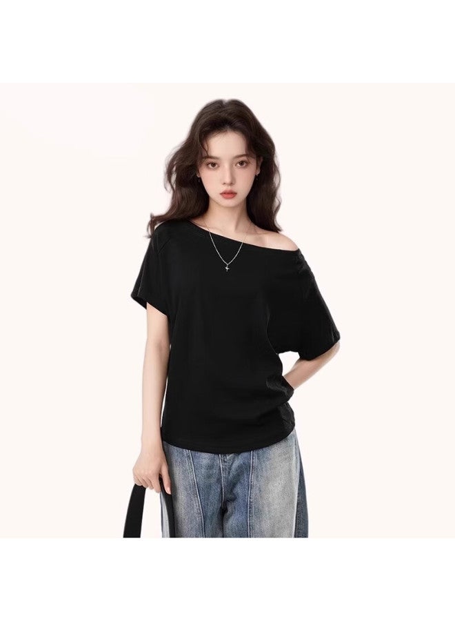 WOODPECKER Tucano Drop-shoulder Short-sleeve T-shirt For Women, New Summer Style, Off-shoulder Loose Casual High-end Top, Gray, XL - Image 2