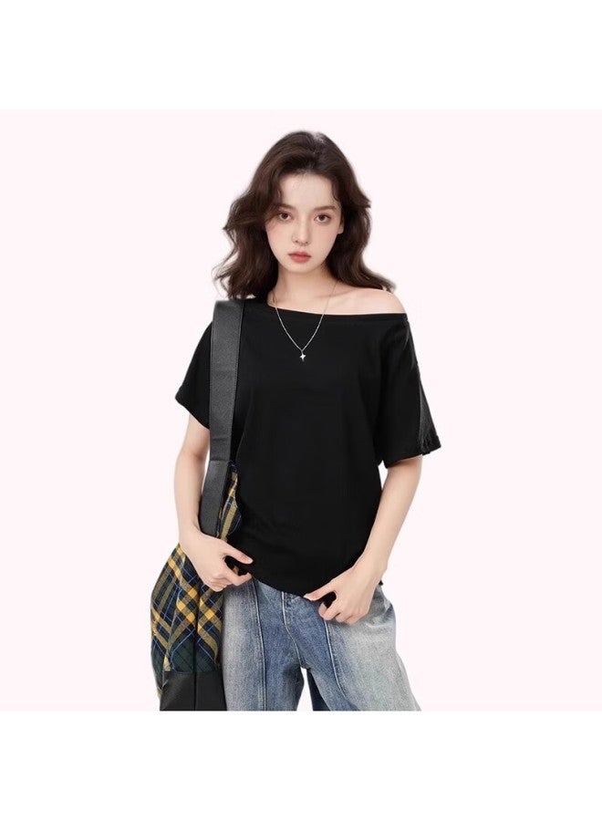 WOODPECKER Tucano Drop-shoulder Short-sleeve T-shirt For Women, New Summer Style, Off-shoulder Loose Casual High-end Top, Gray, XL - Image 3