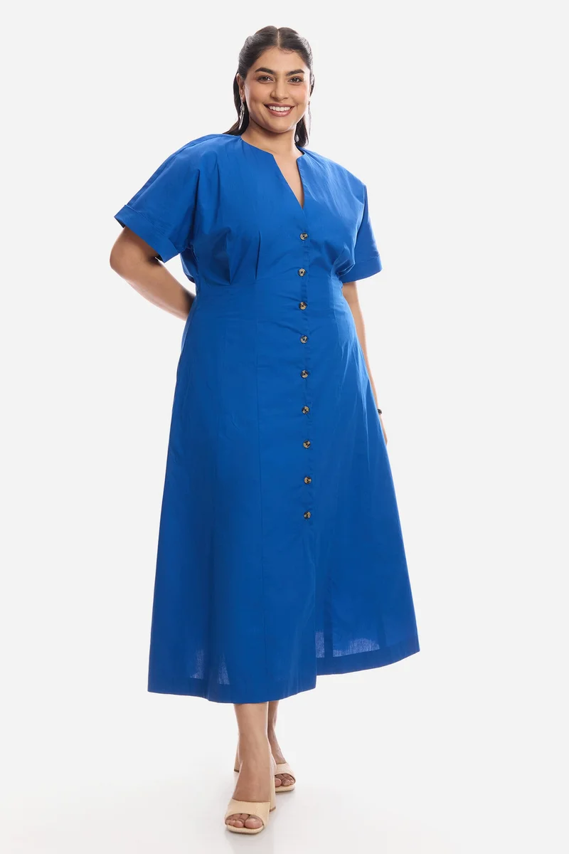 فيرجيو Solid Cotton Pleated Midi Shirt Plus Size Dress for Women