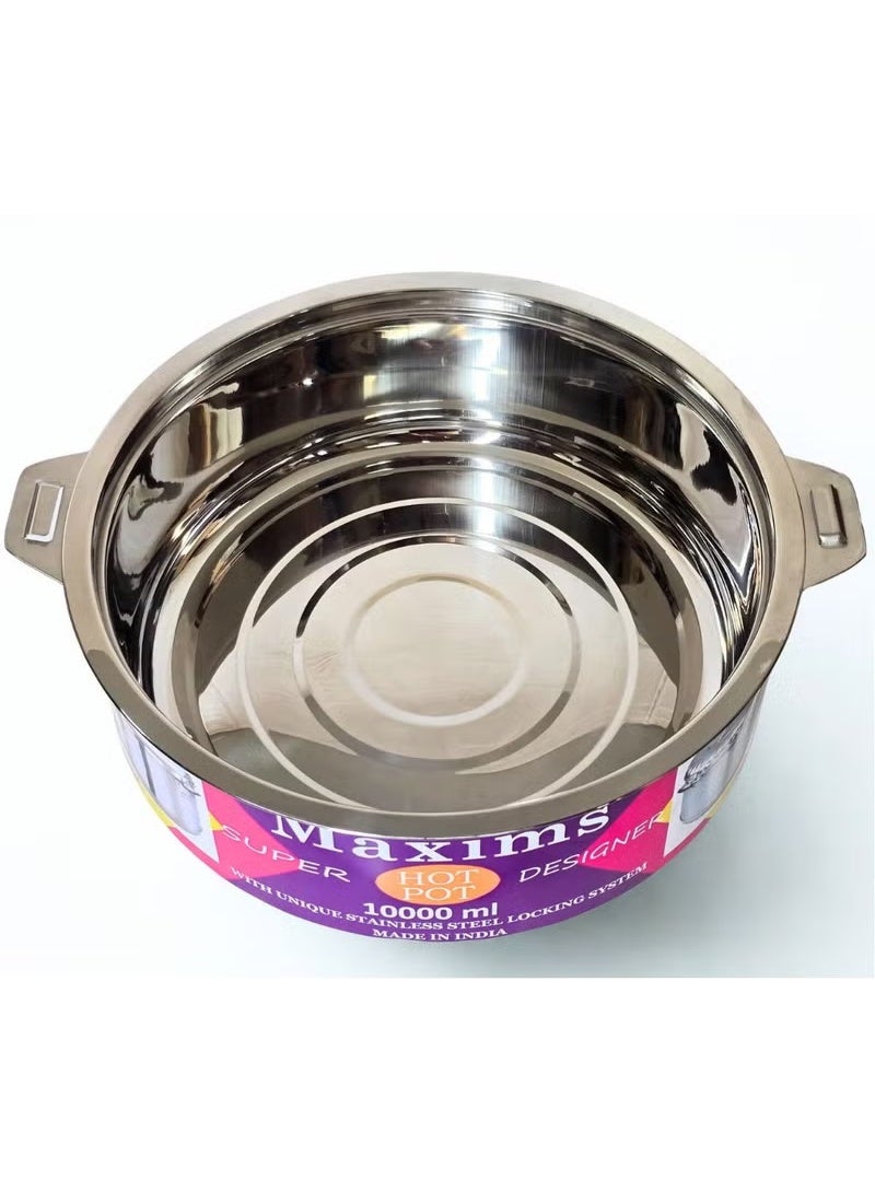 Maxims Stainless Steel Hot Pot – 10000 ml  Premium stainless steel hot pot designed for superior heat retention, secure locking, and effortless serving. Its durable construction, spacious capacity, elegant finish, and sturdy handles make it perfect for everyday family meals and gatherings. - Image 4