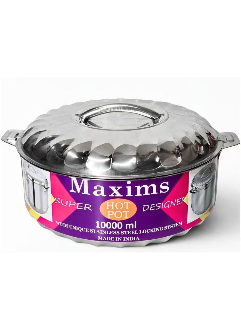 Maxims Stainless Steel Hot Pot – 10000 ml  Premium stainless steel hot pot designed for superior heat retention, secure locking, and effortless serving. Its durable construction, spacious capacity, elegant finish, and sturdy handles make it perfect for everyday family meals and gatherings. - Image 1