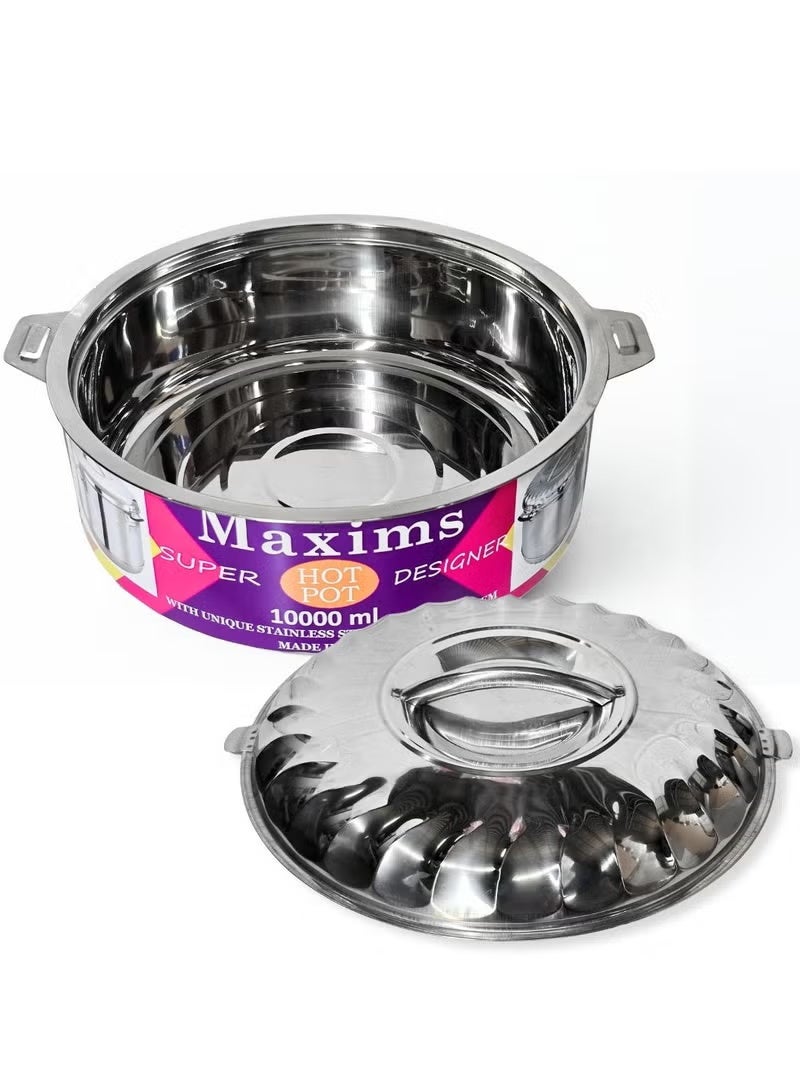 Maxims Stainless Steel Hot Pot – 10000 ml  Premium stainless steel hot pot designed for superior heat retention, secure locking, and effortless serving. Its durable construction, spacious capacity, elegant finish, and sturdy handles make it perfect for everyday family meals and gatherings. - Image 5
