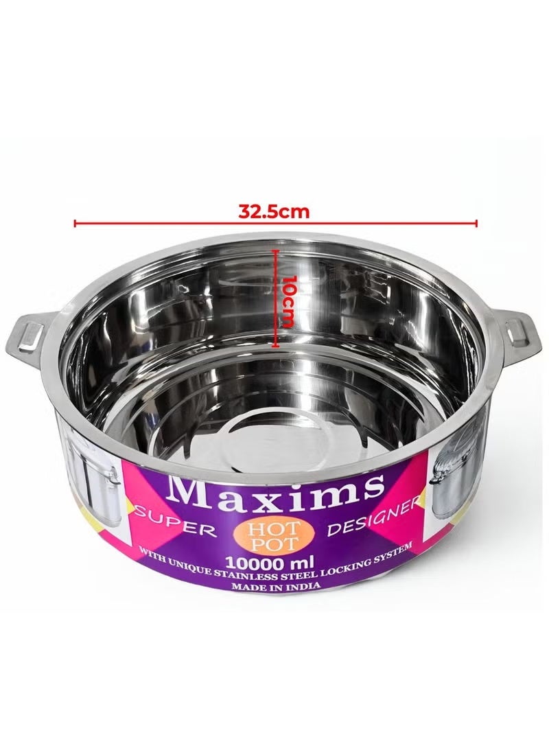 Maxims Stainless Steel Hot Pot – 10000 ml  Premium stainless steel hot pot designed for superior heat retention, secure locking, and effortless serving. Its durable construction, spacious capacity, elegant finish, and sturdy handles make it perfect for everyday family meals and gatherings. - Image 3