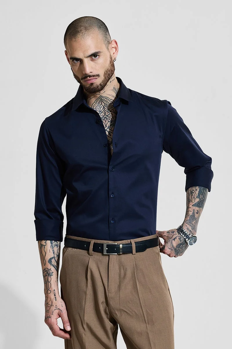 SNITCH Core Lab Satin Stretch Navy Slim Fit Shirt