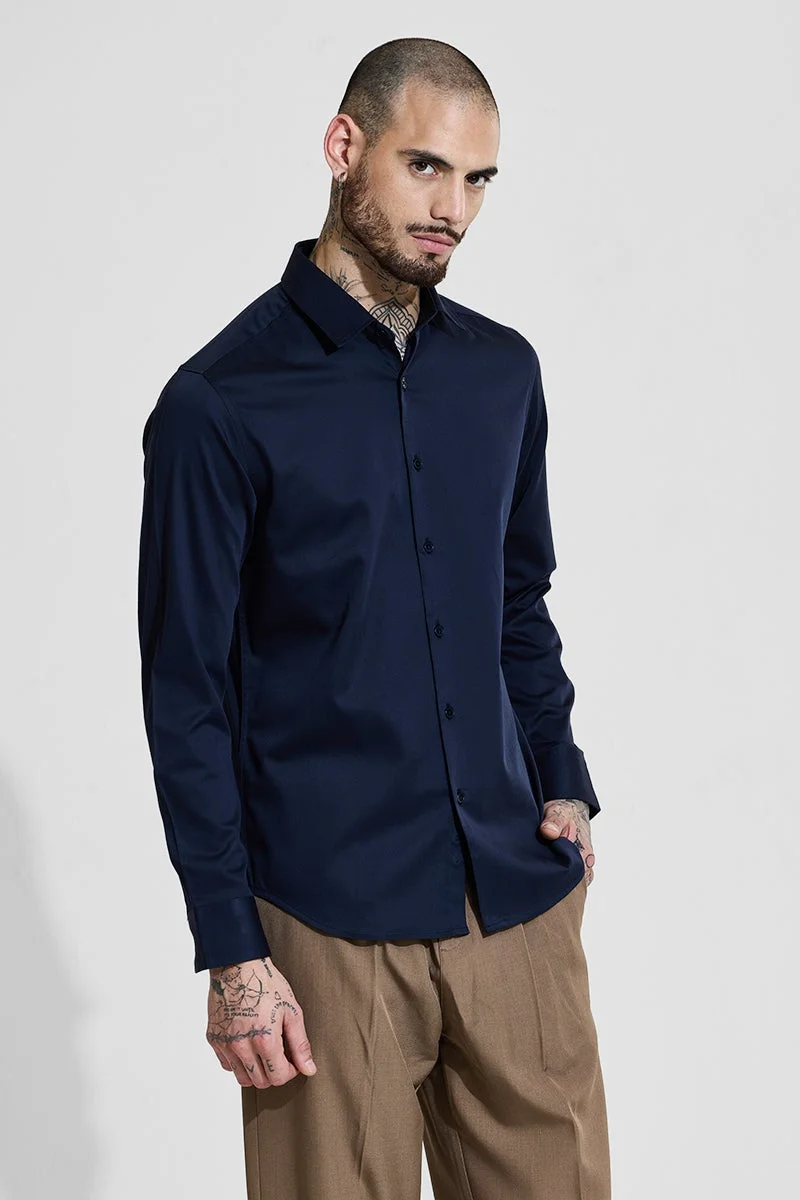 SNITCH Core Lab Satin Stretch Navy Slim Fit Shirt