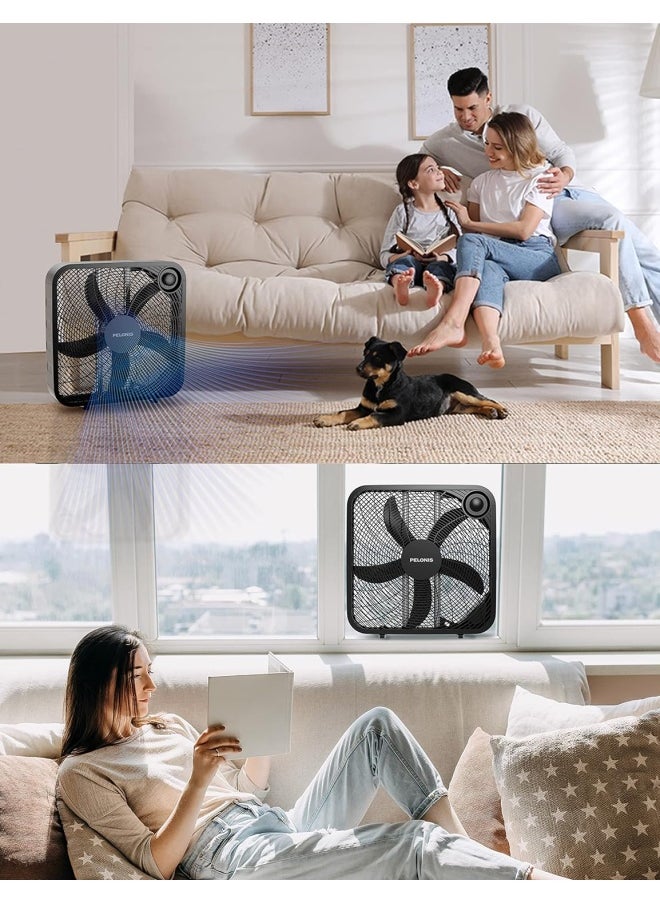 PELONIS - Pelonis 3-Speed Box Fan For Full-Force Circulation With Air Conditioner, Upgrade Floor Fan, Black, Medium - Image 1
