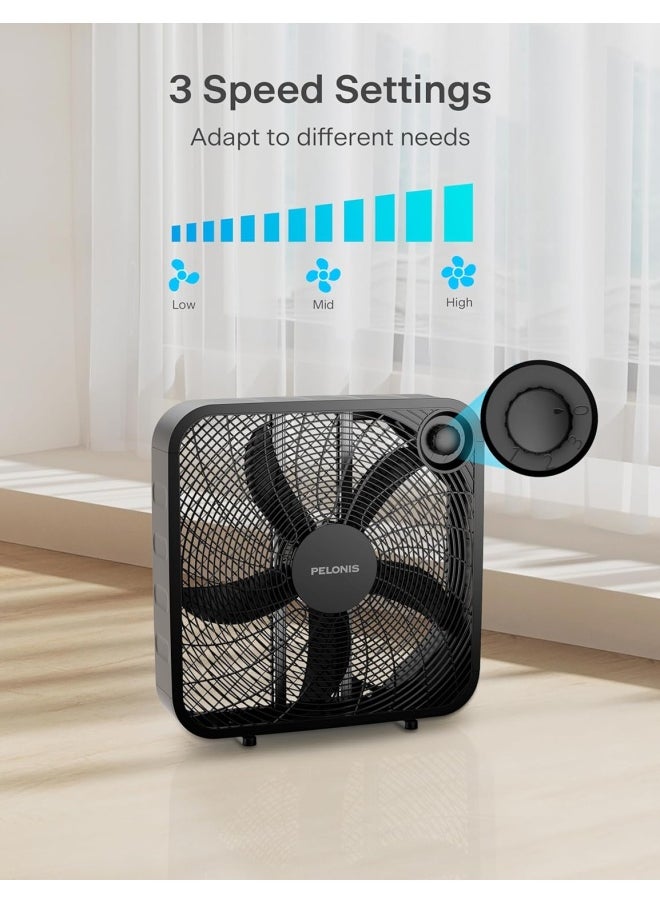 PELONIS - Pelonis 3-Speed Box Fan For Full-Force Circulation With Air Conditioner, Upgrade Floor Fan, Black, Medium - Image 1