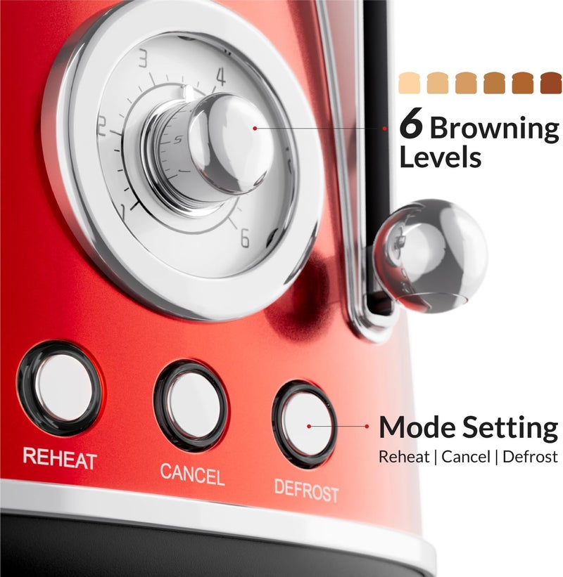Feller Germany, Retro Style 2-Slice Toaster, 815 W, Steel Body, Dust Cover & foldable Bun Warmer,Defrost, Reheat & Cancel Function,Removable Crumb Tray, TO290, 2Y Guarantee, KSA Version (Red) - Image 4