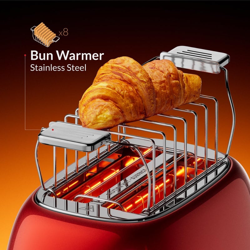 Feller Germany, Retro Style 2-Slice Toaster, 815 W, Steel Body, Dust Cover & foldable Bun Warmer,Defrost, Reheat & Cancel Function,Removable Crumb Tray, TO290, 2Y Guarantee, KSA Version (Red) - Image 2
