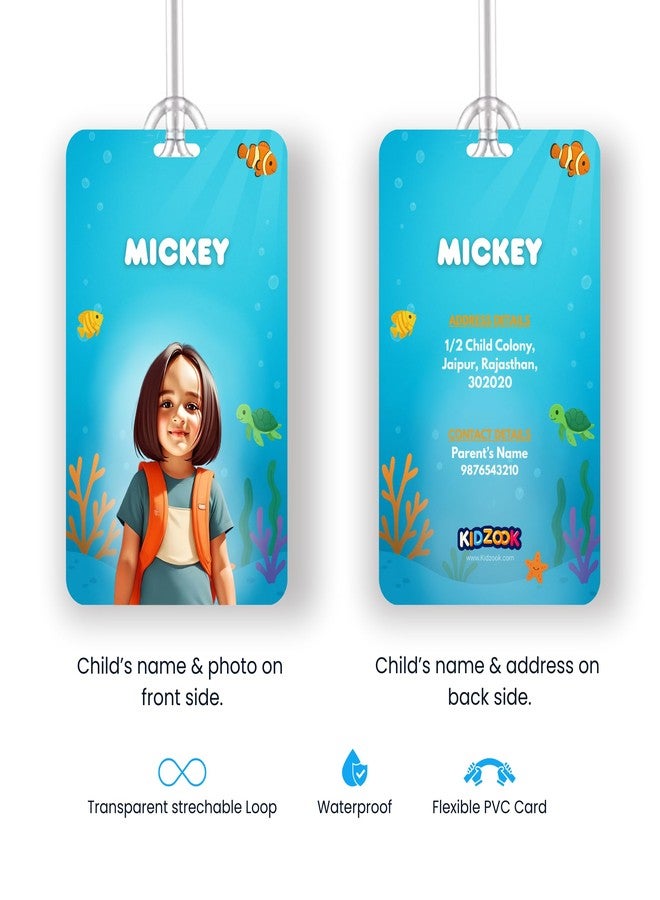 Kidzook Personalised Bag Tags | | Silicone Loop | Kids Travel Essential | Stylish Luggage Labels | Pre School, Camping Gear | Customisable Photo & Contact Info Pack of 2 (Aqua Theme) - Image 5
