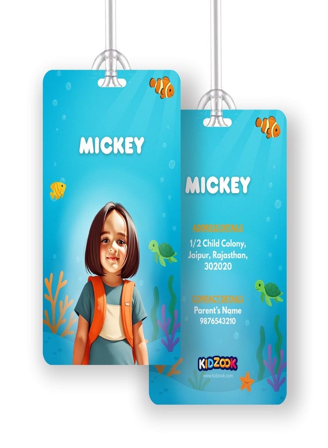 Kidzook Personalised Bag Tags | | Silicone Loop | Kids Travel Essential | Stylish Luggage Labels | Pre School, Camping Gear | Customisable Photo & Contact Info Pack of 2 (Aqua Theme) - Image 1