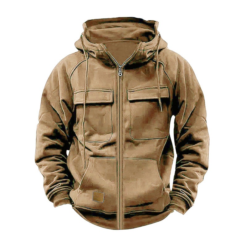 Generic Cross-Border Autumn and Winter New Mens Hooded Pure Color Sweatshirt European and American Youth Sports Multi-Flap Pocket Pants Leather Sweatshirt Jacket Khaki 