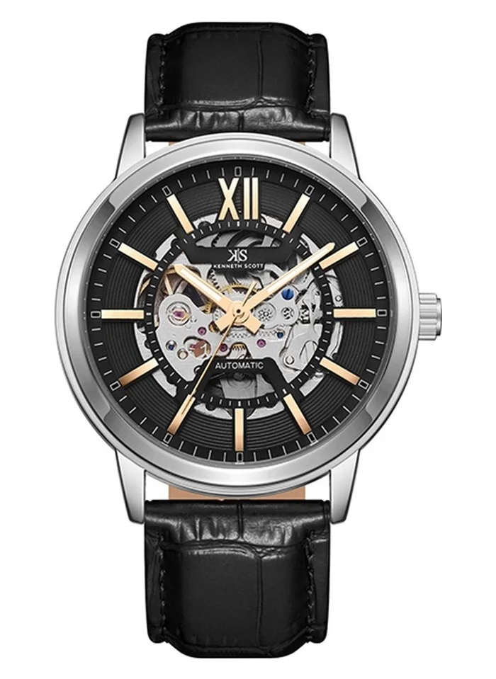 KENNETH SCOTT Men's Automatic  Display Watch With Black Leather  Strap - K24323-SLBBK