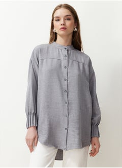 trendyol Gray Linen Aerobin Oversize Woven Shirt TCTSS24TG00065  - Image 4