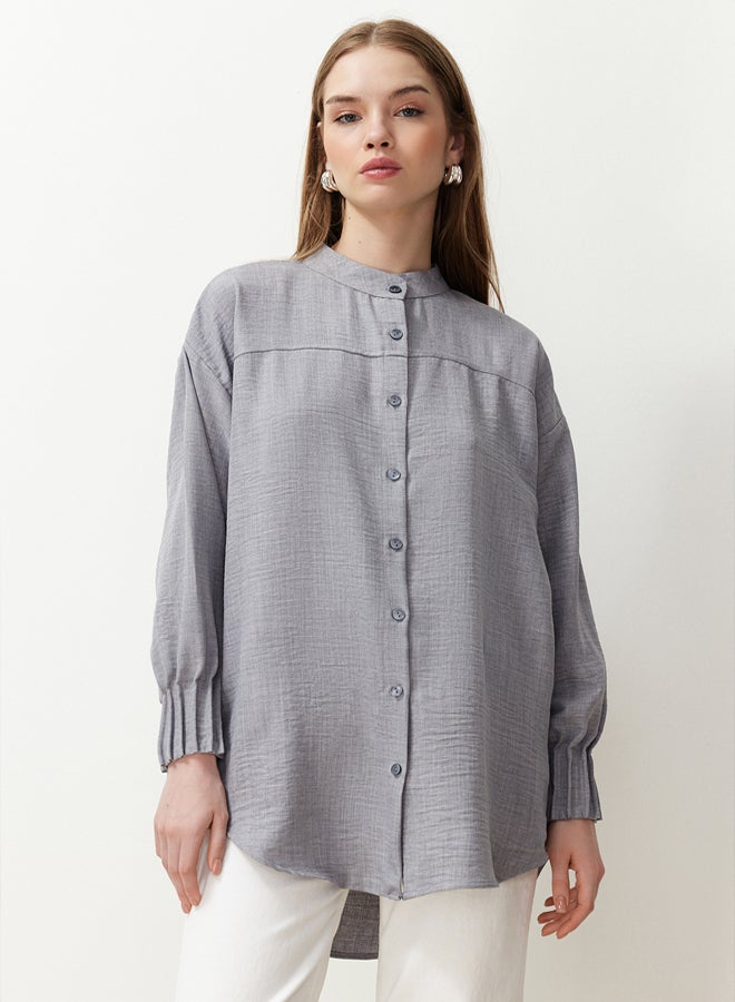 trendyol Gray Linen Aerobin Oversize Woven Shirt TCTSS24TG00065 - Image 4