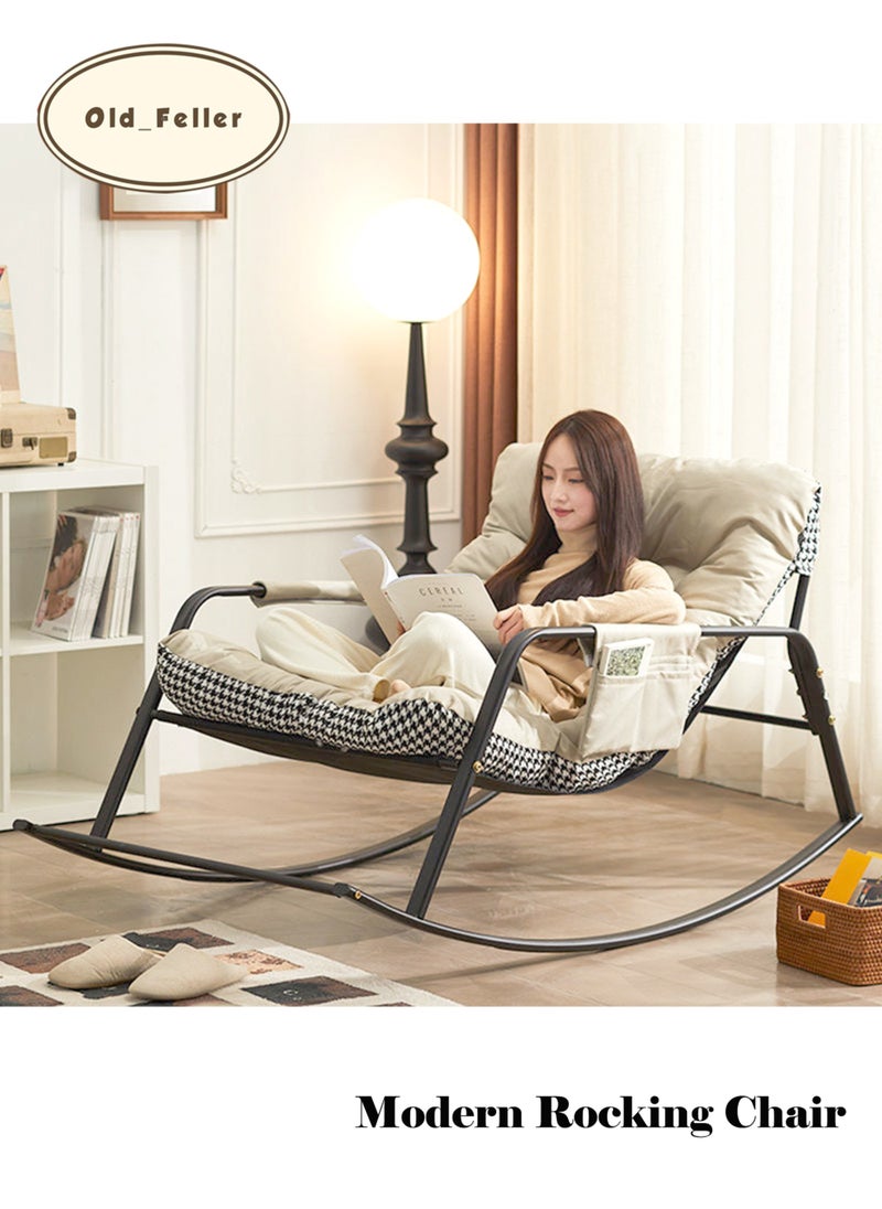 Old_Feller - Double Living Room Recliner Outdoor Rocking Chair with Armrests Storage Bag, Modern Rocker Recliner Chair with Padded Cushion, Lounge Chair for Balcony, Lazy Sofa Chair for Lounge Living Room Bedroom Patio Garden (Beige/Houndstooth) - Image 1
