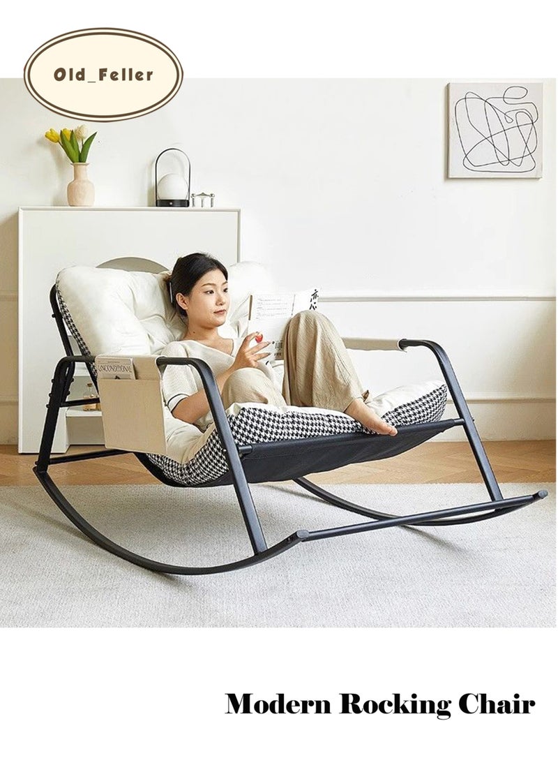 Old_Feller - Double Living Room Recliner Outdoor Rocking Chair with Armrests Storage Bag, Modern Rocker Recliner Chair with Padded Cushion, Lounge Chair for Balcony, Lazy Sofa Chair for Lounge Living Room Bedroom Patio Garden (Beige/Houndstooth) - Image 1