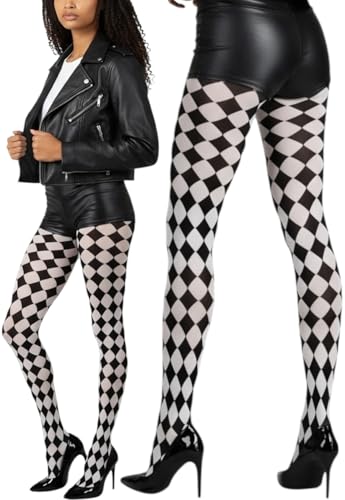ToBeInStyle Women's Harlequin Designed Opaque Full Footed Pantyhose - BLACK/WHITE - Image 2