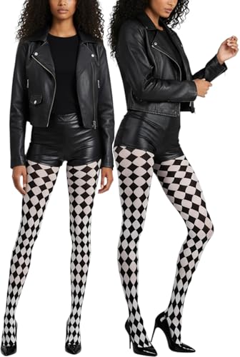 ToBeInStyle Women's Harlequin Designed Opaque Full Footed Pantyhose - BLACK/WHITE - Image 3