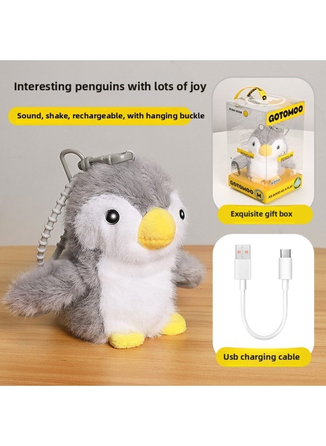 Children's Simulation Cartoon Electric Penguin Doll Plush Schoolbag Pendant Key Chain Will Be Called Wings Vibration Gift-Color:Electric Penguin-gray [rechargeable Version]  - Image 1