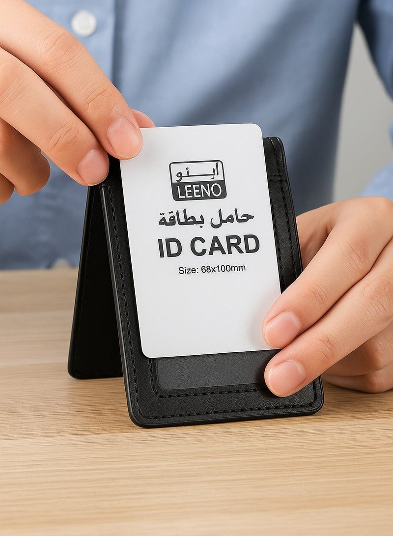 لينو حامل بطاقة جلد طبيعي فاخر، مقاس 68x100 ملم، تصميم عمودي، أسود، مناسب للمكاتب والمدارس والعمل والفعاليات - Image 2