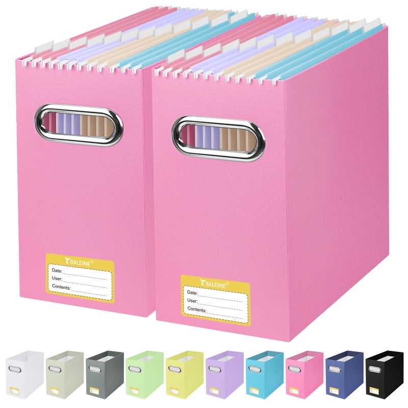 BALEINE File Organizer Box Cardboard File Folder Organizer with Handle for Letter Size Portable Collapsible Hanging Filing Box for Home Office Document Storage 2 Pack Pink - Image 2