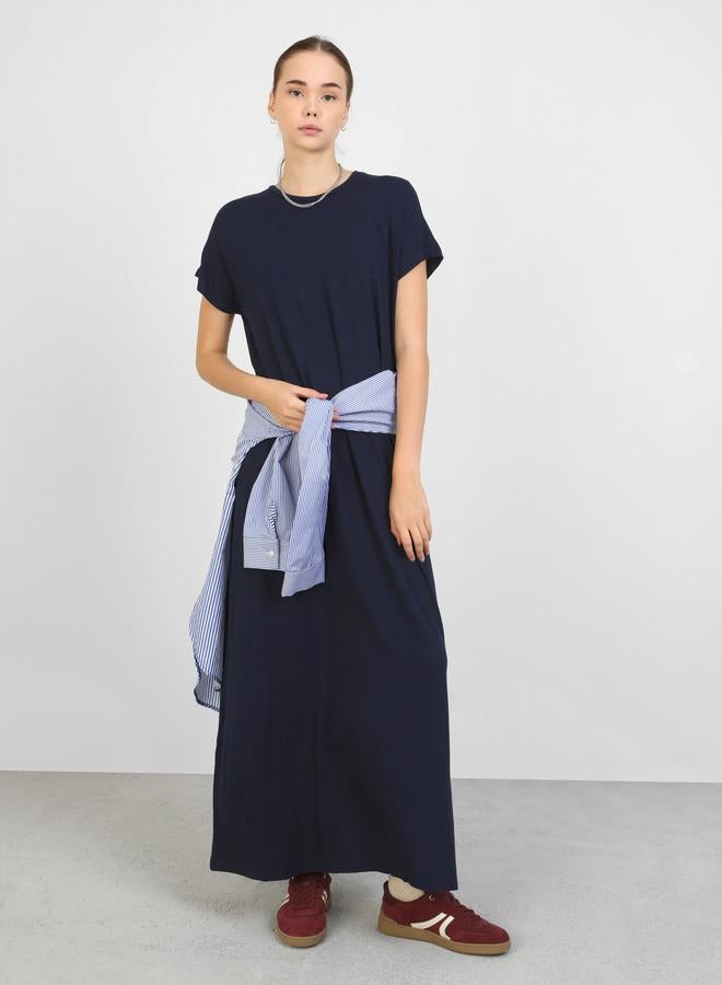Benin by modanisa Navy Blue Solid Crew Neck Maxi Dress - Image 1