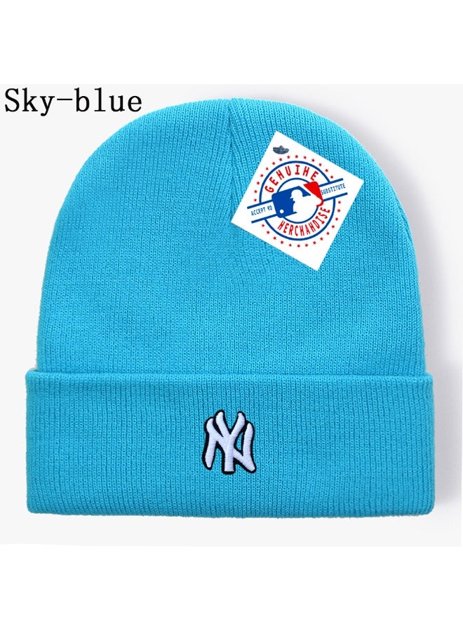 Embroidered Sky-Blue Knit Beanie | Winter Warm Fresh Hat for Men & Women