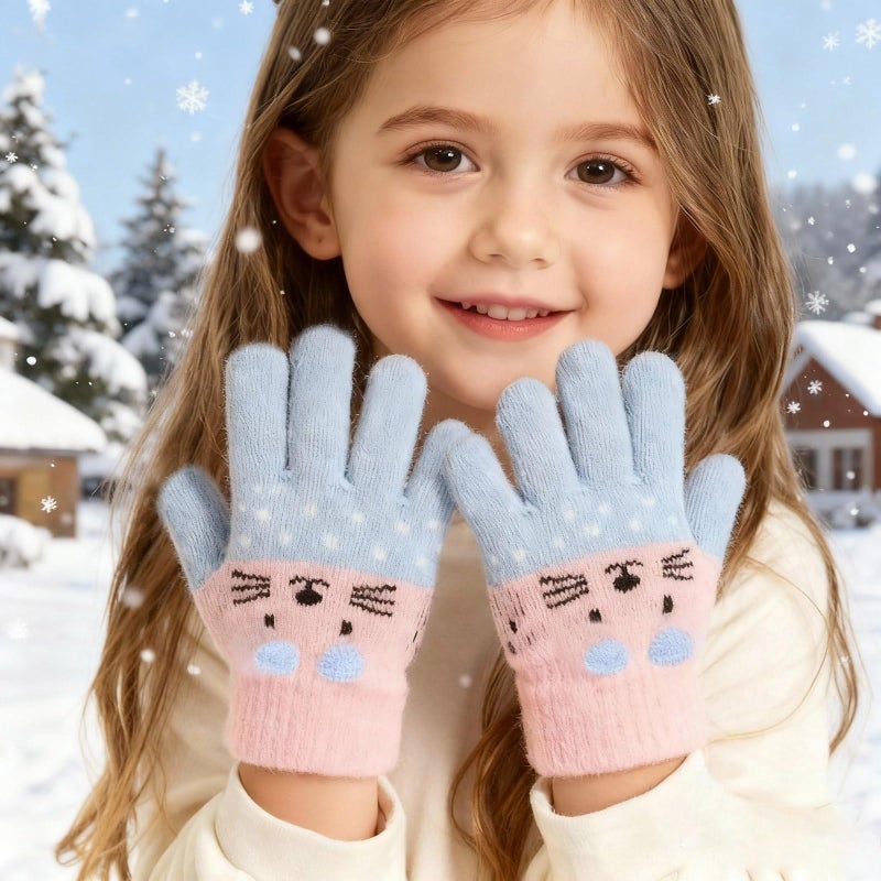 Piewag 3 Pairs Toddler Gloves Kids Cute Cat Warm Winter Knitted Mittens for Girls 2-6 Years old - Image 4