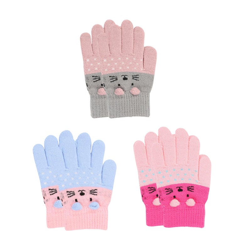 Piewag 3 Pairs Toddler Gloves Kids Cute Cat Warm Winter Knitted Mittens for Girls 2-6 Years old - Image 1