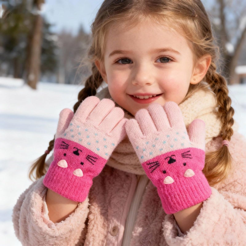 Piewag 3 Pairs Toddler Gloves Kids Cute Cat Warm Winter Knitted Mittens for Girls 2-6 Years old - Image 2