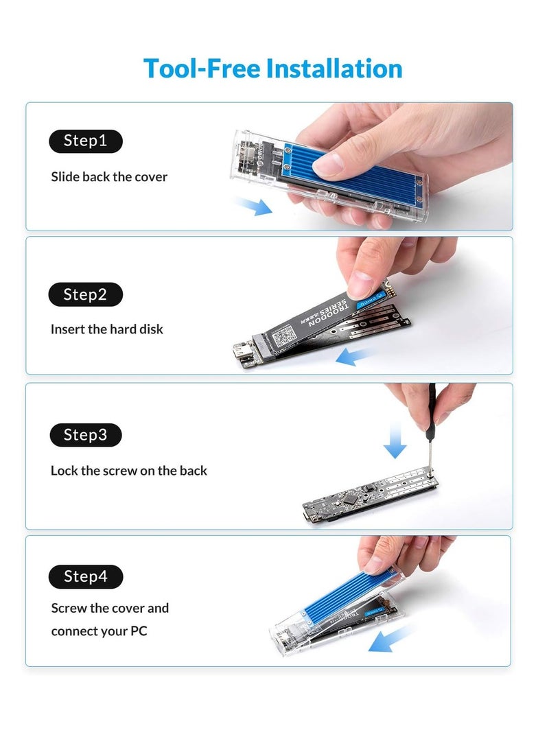 ماركة غير محددة - حاوية SSD من نوع M.2 NVMe/SATA بدون أدوات، USB 3.1 من نوع C بسرعة 10Gbps – تدعم أقراص SSD M-Key وB+M Key بقياسات 2230/2242/2260/2280 حتى 2 تيرابايت – باللون الأزرق – موديل TCM2MA - Image 1