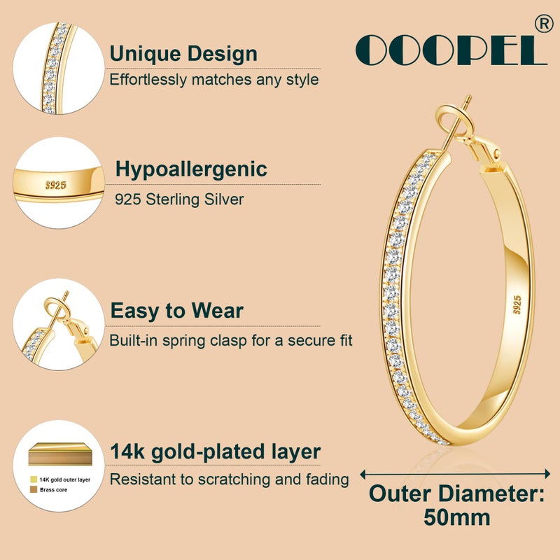 OOOPEL Large Rhinestone Hoop Earrings for Women Shiny Crystal Big 14K Gold Plated Hoops Non Tarnish Sparkly Cubic Zirconia Earring Hoops Hypoallergenic Chunky Large CZ Gold Hoop Earrings - Image 4