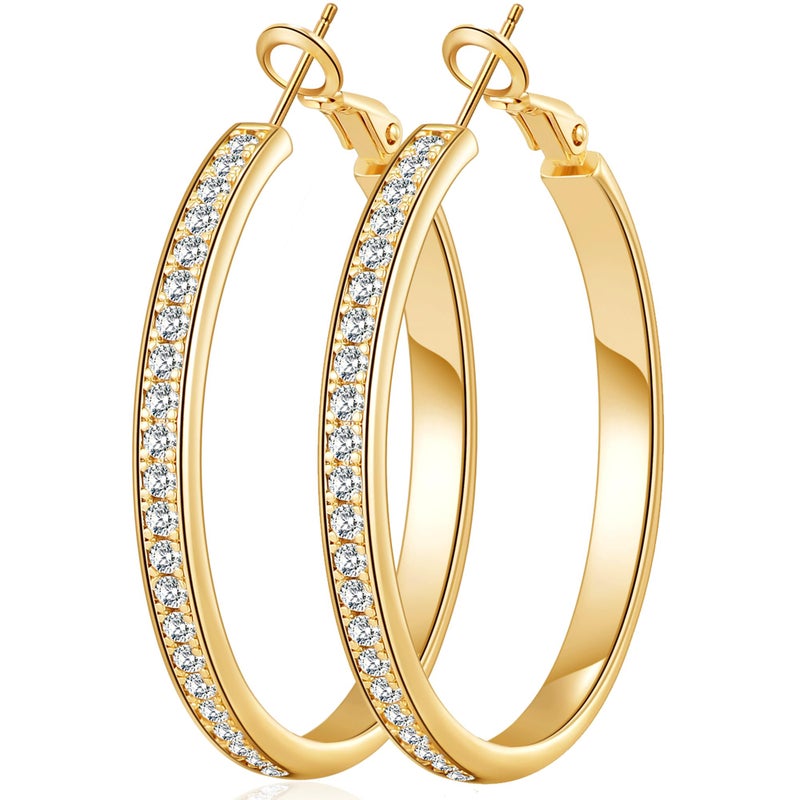 OOOPEL Large Rhinestone Hoop Earrings for Women Shiny Crystal Big 14K Gold Plated Hoops Non Tarnish Sparkly Cubic Zirconia Earring Hoops Hypoallergenic Chunky Large CZ Gold Hoop Earrings - Image 1