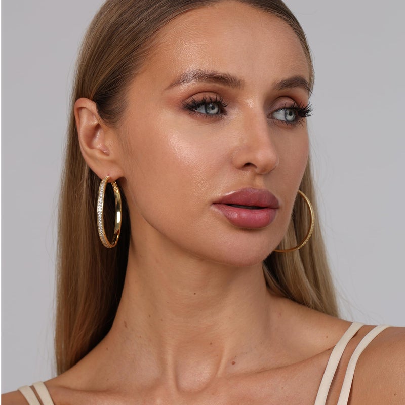 OOOPEL Large Rhinestone Hoop Earrings for Women Shiny Crystal Big 14K Gold Plated Hoops Non Tarnish Sparkly Cubic Zirconia Earring Hoops Hypoallergenic Chunky Large CZ Gold Hoop Earrings - Image 2