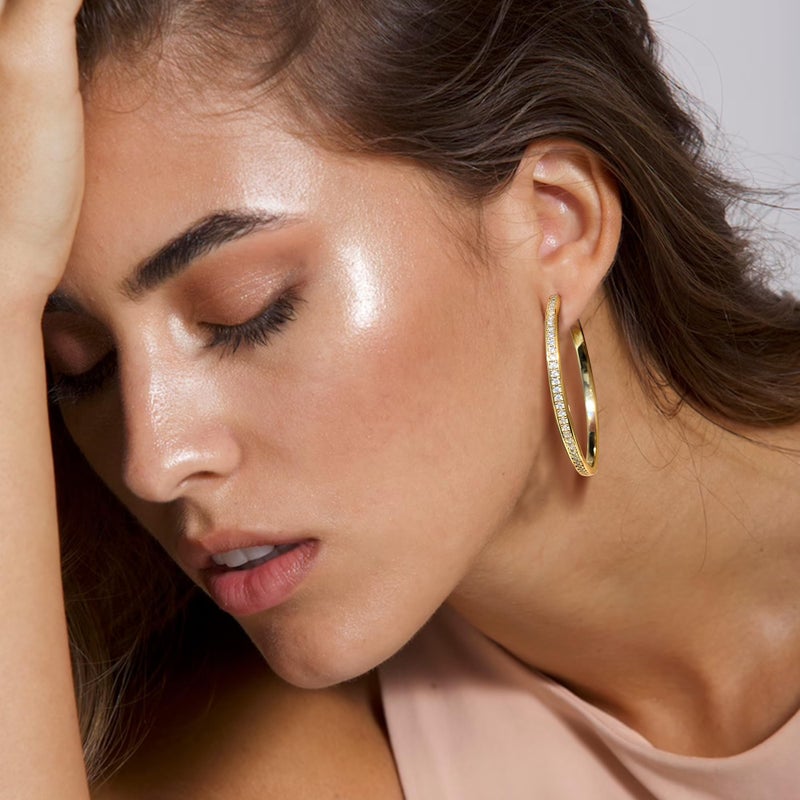 OOOPEL Large Rhinestone Hoop Earrings for Women Shiny Crystal Big 14K Gold Plated Hoops Non Tarnish Sparkly Cubic Zirconia Earring Hoops Hypoallergenic Chunky Large CZ Gold Hoop Earrings - Image 5