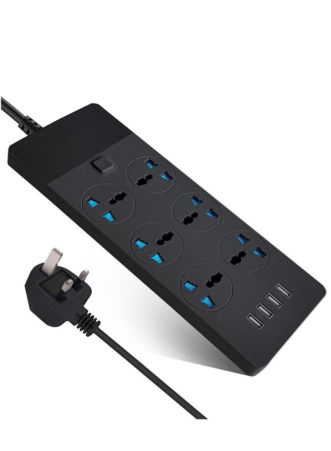 HOMESTAR 2M Power Strip Extension Cord with 6 Universal Sockets and 4 USB Ports for Charging (Black) - Image 1