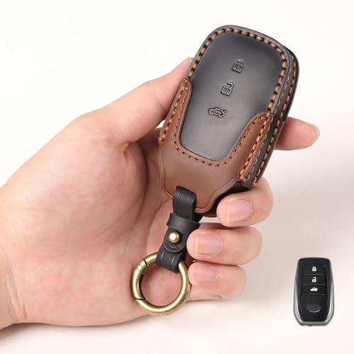 Keyzone Dual Leather Key Cover for Toyota Fortuner, Legender, Land Cruiser, Innova HyCross 3 Button Smart Key (Black-Brown) - Image 1