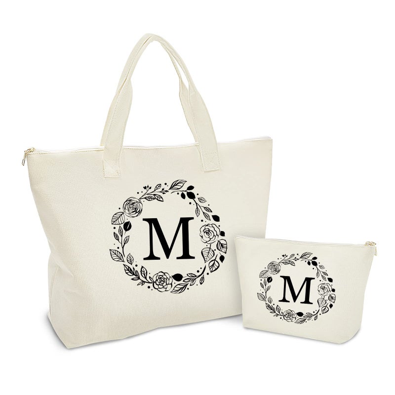 Binggemen Personalized Initial Canvas Tote Bag with Zipper Present Bag with Inner Pocket  Make Up Bag Great Gifts for Women Mom Teachers Friends Bridesmaids