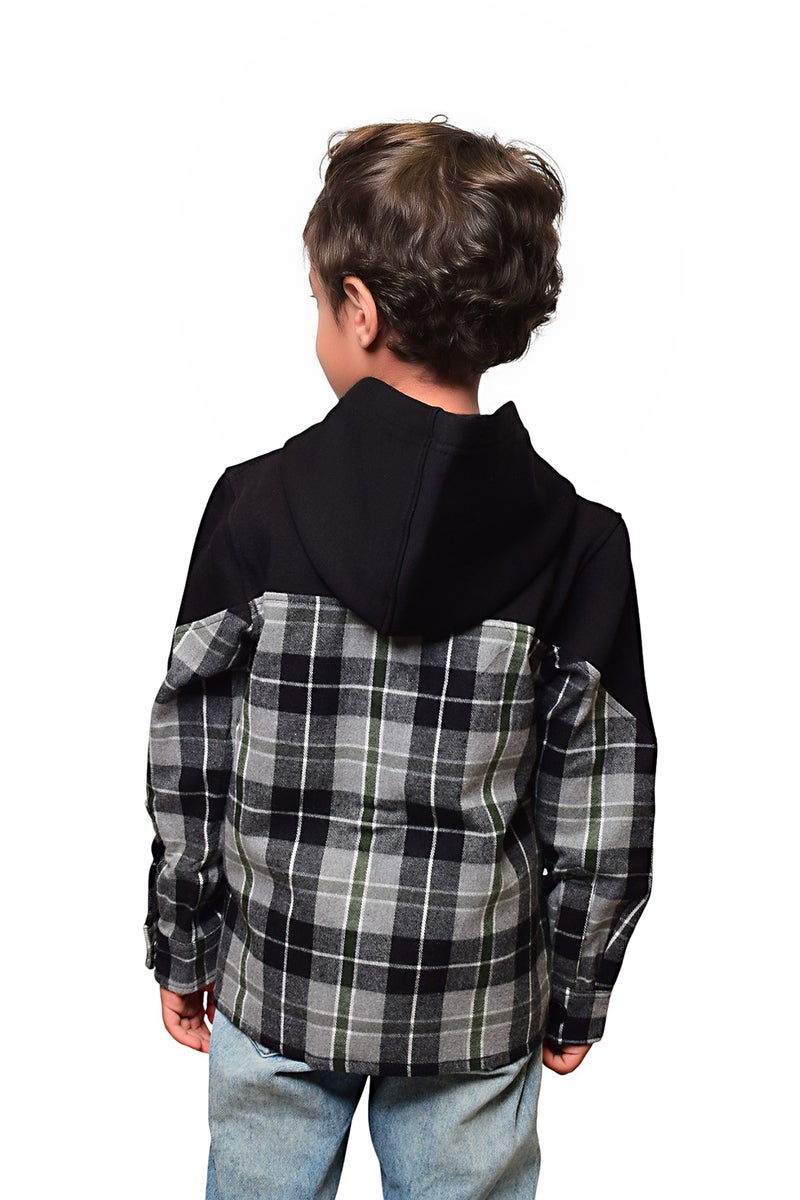 Bongo Kids Wear Plaid Capsule Sleeve Design Fayla Melton Blend Jacket For Boys - Black Gray - Image 3