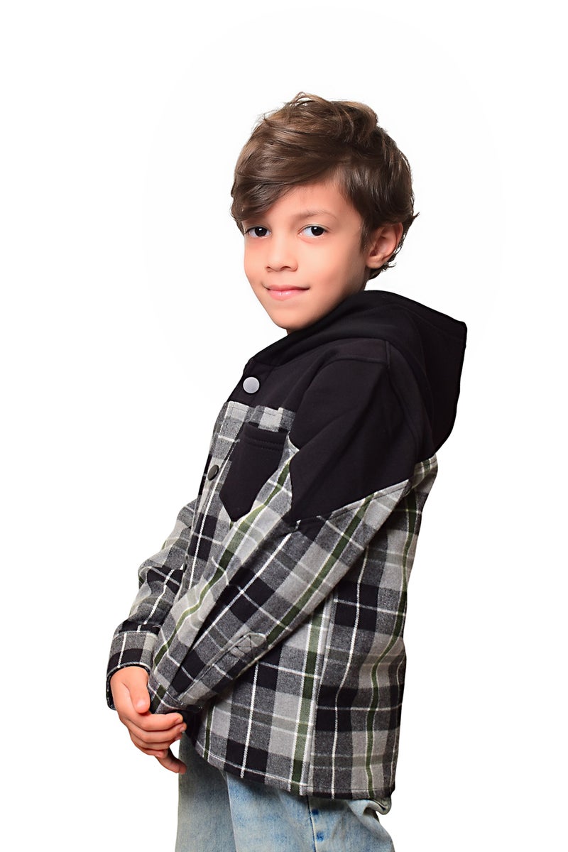 Bongo Kids Wear Plaid Capsule Sleeve Design Fayla Melton Blend Jacket For Boys - Black Gray - Image 2